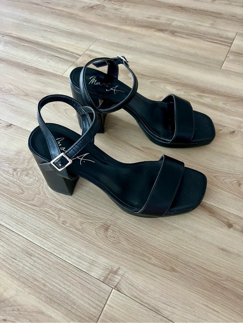 Black Block Heel Sandals with Ankle Strap
